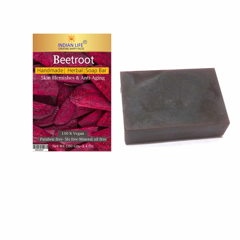 "Indianlife handmade beetroot soap bar for glowing skin and blemish reduction"