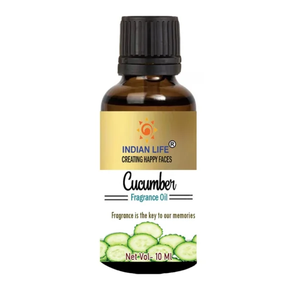 "Cucumber fragrance oil by Indianlife with fresh cucumber slices – clean and cooling scent"